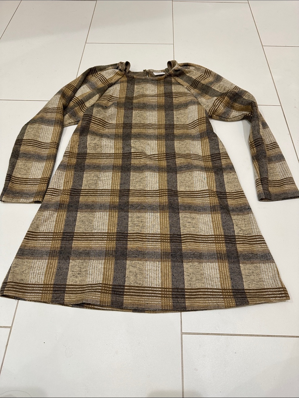 Zara Plaid Long Sleeve Shift Dress in Beige and Brown 11/12Y
